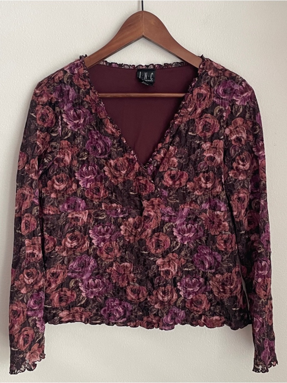 Vintage 90s INC Floral Lace V-Neck Long Sleeve Top Sz Large Whimsigoth Coquette